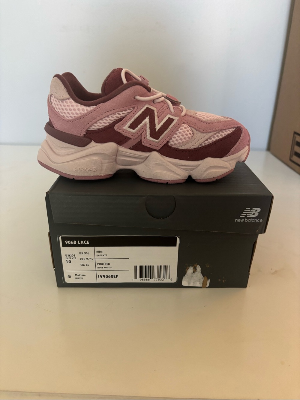 New Balance 9060 10c Kids Pink & Burgundy Mesh Lace Sneakers